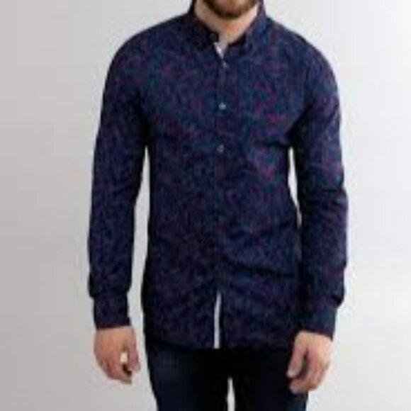 JB Holt Button Down Shirt L Blue Purple Pink Rose Dark Floral Flip Cuff Tailored - Picture 14 of 14